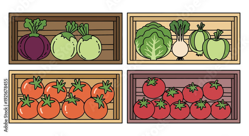 Four wooden crates display colorful vegetables and fruits in a flat illustrative style a charming silhouette high quality professional detailed