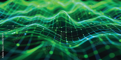 An abstract green fractal background features a digital pattern of light waves and blue motion lines to create a high-tech science wallpaper backdrop for virtual reality design