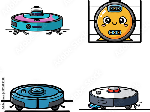 Collection of robotic vacuum cleaners with distinct designs and facial expressions on a plain background from a straightforward viewpoint