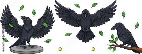 Black Crow Vector Illustration Set with Raven Characters Flying and Sitting on Tree Branch Isolated on White Background
