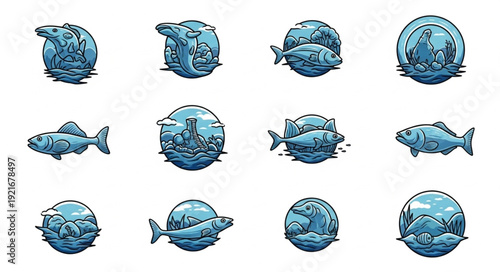 Collection of stylized fish and aquatic scenes in circular frames.