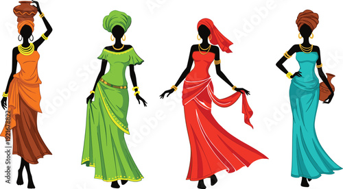 African Women Silhouette Vector Illustration Set with Beautiful Figures in Traditional Bright Dresses and Headwraps on White