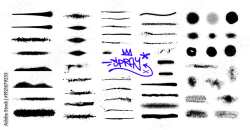 Graffiti and Spray brushes, stencil  aerosol lines with dots, and splatter textures. Street art brushes, spray, dirty with splashes, aerosol stains. Graffiti graphic box. Vector grunge graphic set
