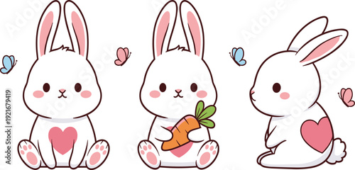 Cute White Rabbit Vector Illustration Set with Funny Bunny Characters Holding Carrot and Heart Isolated on White Background