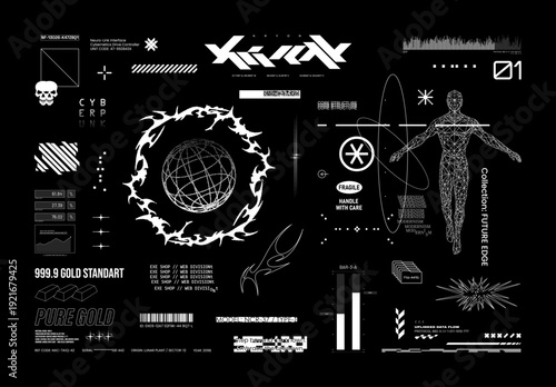 Futuristic design elements, HUD and Y2K elements - wireframe human, 3D Earth Globe, cyber lettering, logo, icons, tribal, UI elements. Futuristic cyberpunk monochrome graphic. Vector hi-tech set