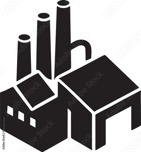 Isometric Factory Building Icon, Industrial Plant with Smokestacks and Warehouse Vector Illustration