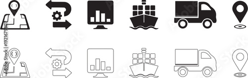 Logistics tracking. Vector icon set of supply chain optimization.