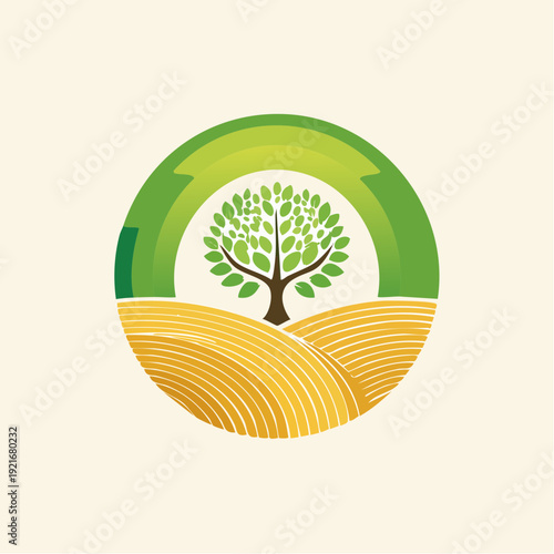 Green tree in a field with a circular nature-themed background illustration