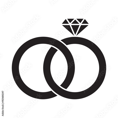 Black and white illustration of wedding rings with a diamond above