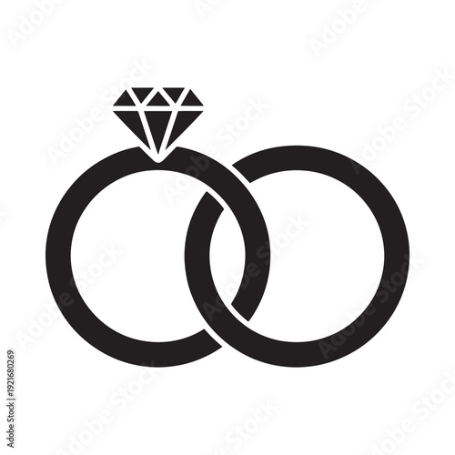 A black and white illustration of intertwined rings with a diamond