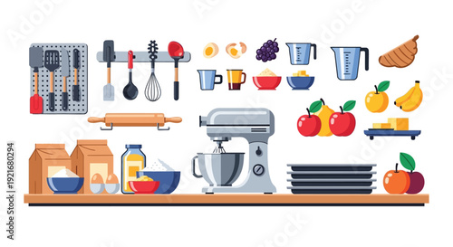 Colorful kitchen utensils and ingredients for baking on wooden countertop