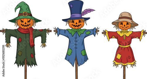 Halloween Scarecrow Vector Illustration Set with Spooky Pumpkin Head Characters Wearing Witch Hat and Top Hat on White Background
