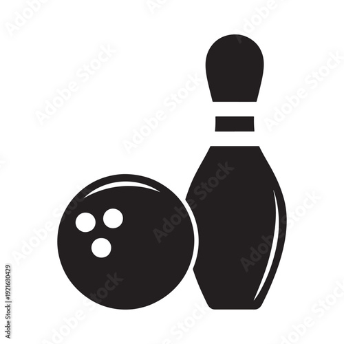 A black silhouette depicting a bowling ball and pin