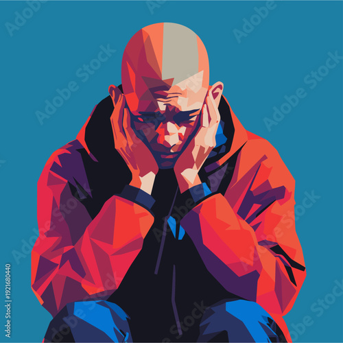 A flat, geometric-style illustration of a man with a bald head, sitting and holding his head in distress. He is wearing a red jacket, and the background is a solid blue