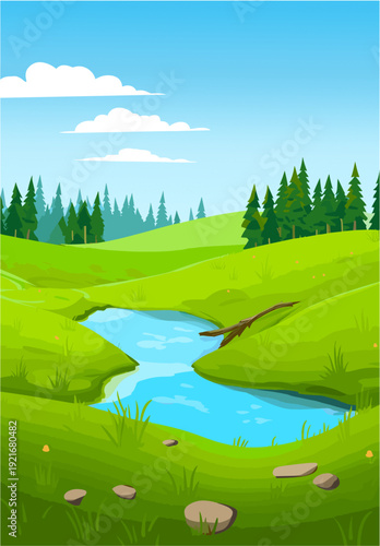 A serene landscape with a small stream flowing through lush green grass, surrounded by trees and small rocks. The sky is clear with a few fluffy clouds, creating a peaceful atmosphere