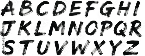 Bold brush drawn capital alphabet letters. Brush drawn font, uppercase typeface for punk or rock and roll design. Typographic distressed vector font with dry brush texture.