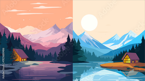 A split design of two snowy mountain landscapes with forests. On the left, a cabin with a warm glow under a pink sunset sky, and on the right, a similar scene with a daytime snowy mountain and a cabin