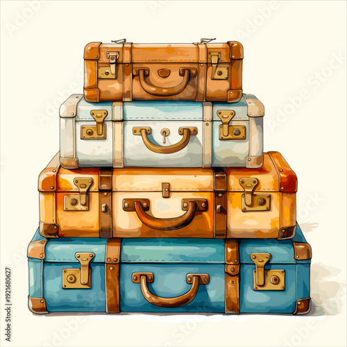 Three stacked, vintage-style suitcases with brass buckles and handles. The suitcases have a mix of blue and orange tones, creating a charming, old-fashioned look