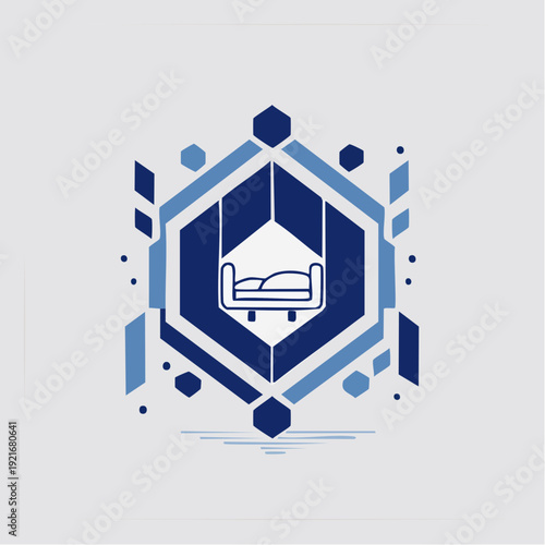 Comfortable Bed Inside a Hexagonal Geometric Frame with Abstract Elements