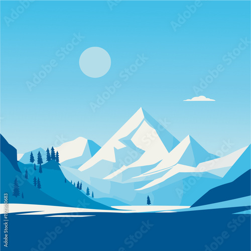 A minimalist flat design of snow-covered mountains under a bright blue sky with a full moon. Pine trees line the slopes, creating a peaceful, wintery landscape