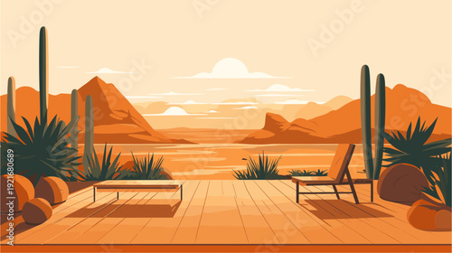 A tranquil outdoor scene with a wooden deck, cactus plants, and a relaxing chair. The warm, orange-toned desert landscape stretches out under a calm sky with mountains in the distance