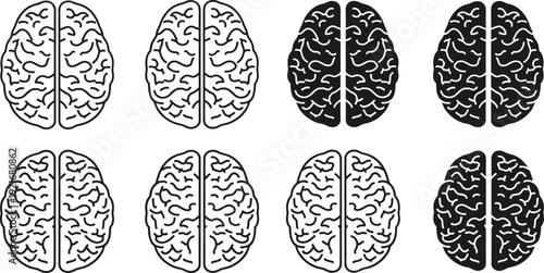 Human Brain Vector Illustration Set with Anatomical Brain Silhouettes and Line Art Icons Isolated on White Background for Medical