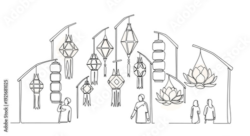 Sketch of Traditional Lanterns and People at Festival