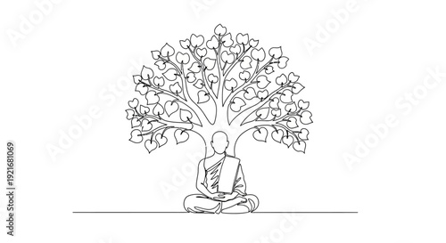 Buddhist Monk Meditating Under Bodhi Tree, Enlightenment Symbol, Zen Buddhism
