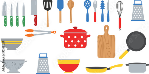 Kitchen Utensils and Cookware Vector Illustration Set with Pots Pans Knives Cutting Board and Grater Isolated on White Background