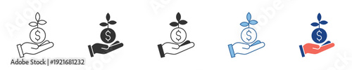 Iconic representation of financial investment, wealth growth, and economic prosperity, featuring a hand holding a dollar coin with a sprout, symbolizing business development, savings, and success