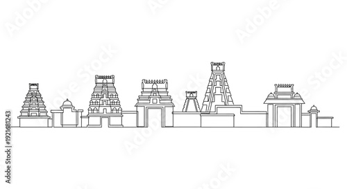 Indian Temple Skyline Silhouette, Hindu Architecture Landmark, South Asia Cultural Design