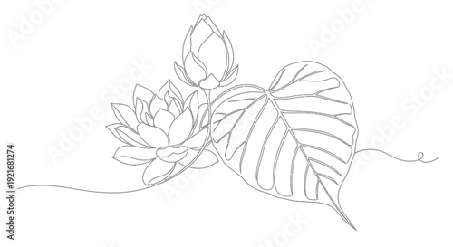 Minimalist Line Art: Lotus Flower, Bud, and Bodhi Leaf - Zen, Nature, Serenity