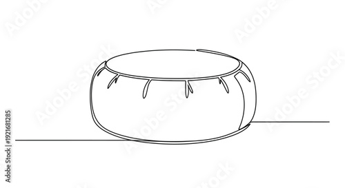 Minimalist Single Line Drawing of Round Pouf or Ottoman on White Background