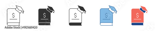 Collection of icons representing financial aspects of education, combining a graduation cap, dollar sign, and document. Ideal for student budgeting, academic costs, and learning finance