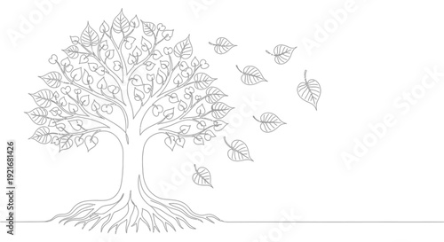 Stylized Tree with Falling Leaves, Line Art Illustration