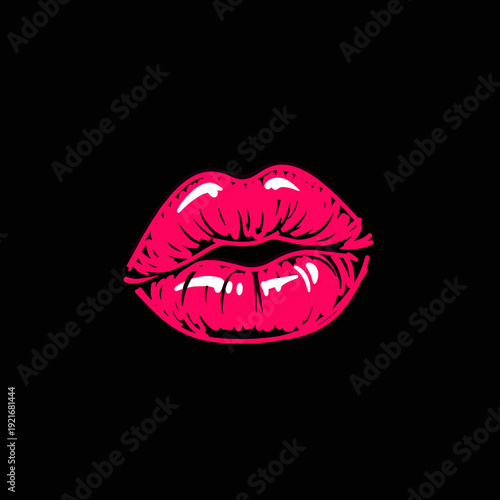 Glossy pink lips on black background in pop art style  icon