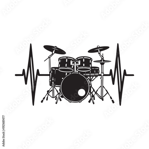 Drum set graphic combined with a heartbeat rhythm illustration