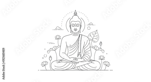Meditating Buddha Line Art Illustration with Lotus Flowers