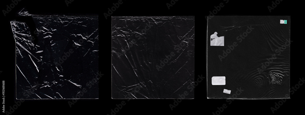 Polyethylene packaging for album cover, CD, vinyl. Different types of plastic packaging with a torn, wrinkled, worn effect. Polyethylene effect, square shape for overlay on album cover. Photo