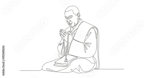 Buddhist Monk Praying with Prayer Beads, Single Line Drawing