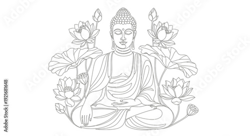 Buddha Meditating Surrounded by Lotus Flowers Line Art Illustration