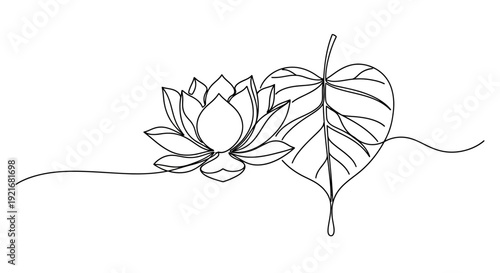 Minimalist Lotus Flower and Leaf Line Art Illustration