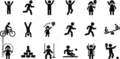 Black silhouette children activity icons set featuring jumping, running, cycling, playing, construction, fitness and playground activities isolated on white background vector illustration collection