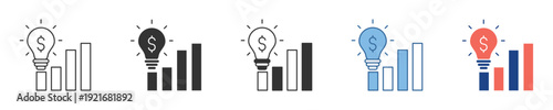 Creative visual metaphor illustrating how innovative ideas lead to financial growth, profit, and business success, represented by a dollar sign lightbulb over a rising bar chart