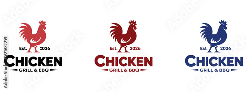 Chicken Grill and BBQ Restaurant Logo Design with Rooster Icon for Food Brand Vector Illustration.