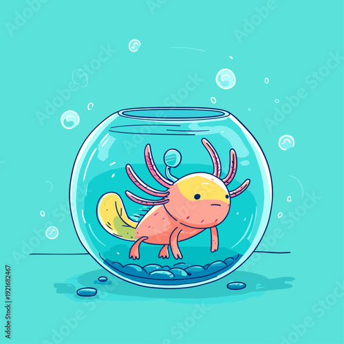 Cute Axolotl Floating in Glass Fishbowl