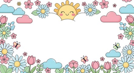 Cute spring floral border with smiling sun and colorful flowers