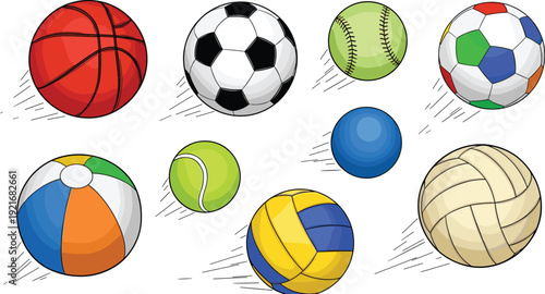 Sports Balls Vector Illustration Set with Football Basketball Soccer Tennis and Volleyball Moving Isolated on White Background