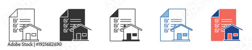 Versatile Set of Real Estate Document Icons Illustrating House Property Contracts and Home Ownership Paperwork, Including Mortgage, Sale, and Rent Agreement Forms