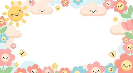 Cute cartoon floral and cloud border with smiling sun
